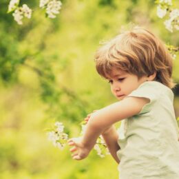 Ein Kind steht vor einem blühenden Busch und schaut auf seinen Arm, als ob es einen Insektenstich hätte