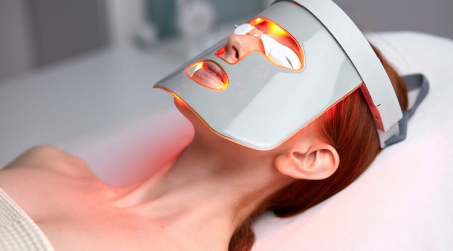 Frau mit LED-Maske liegt bei der Lichttherapie