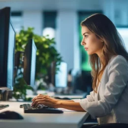 Frau sitzend am Arbeitsplatz vor ihrem Computer